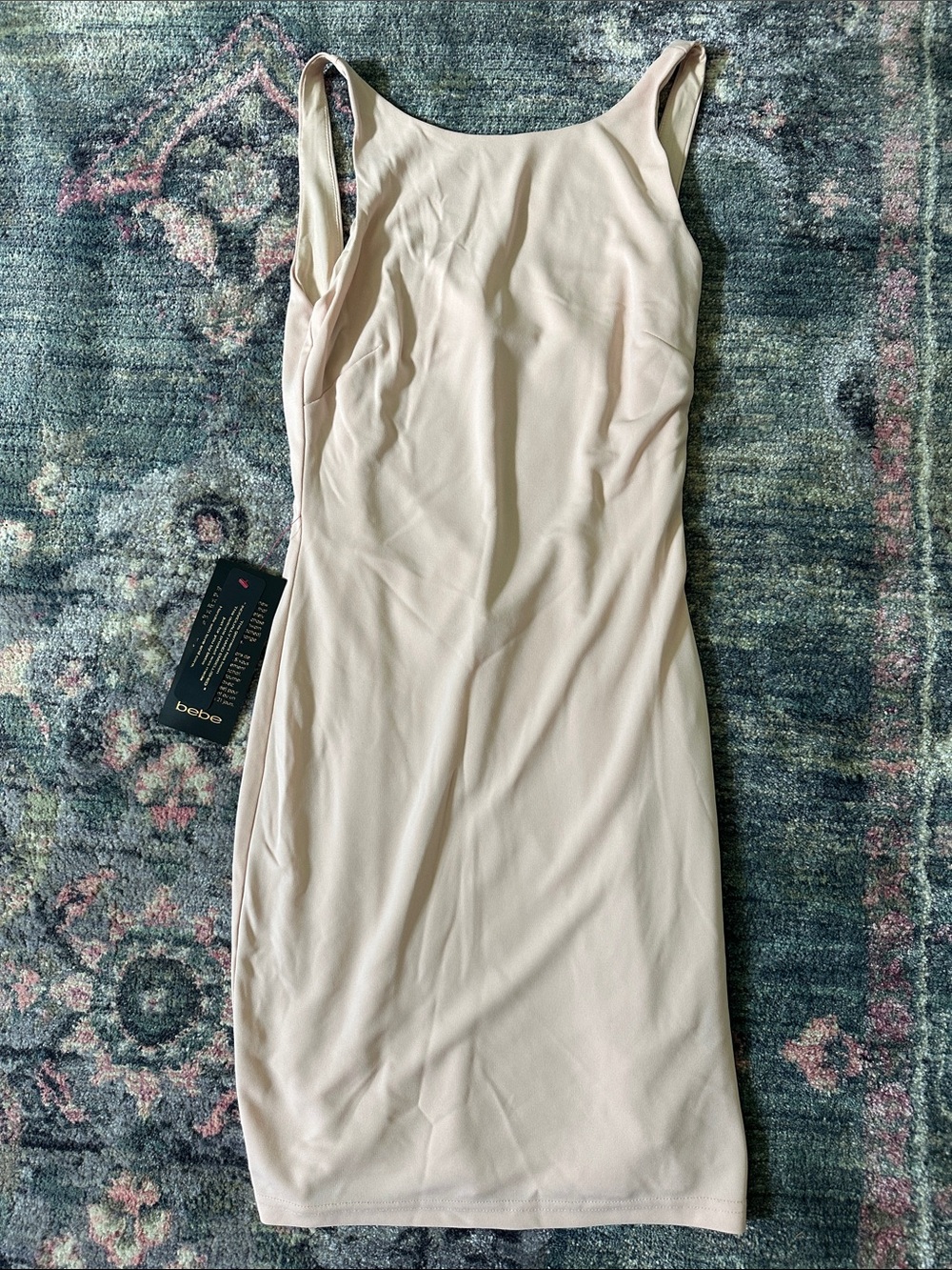 bebe Sleeveless Pale Blush Low Back Midi Bodycon Dress Size Small NWT!